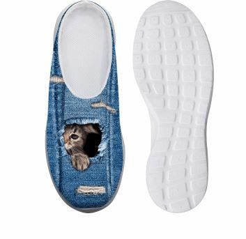 Søte Denimkattetrykte Fritidsplattformsko