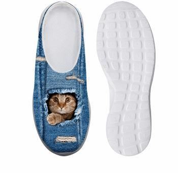 Søte Denimkattetrykte Fritidsplattformsko