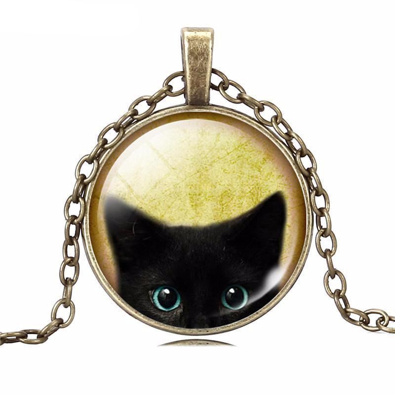 Svart Kattglass Cabochon Anheng Halskjede